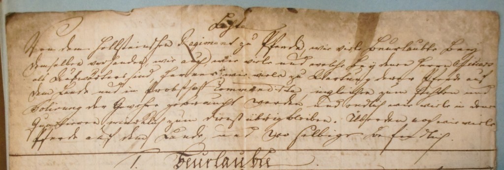 Indledning af liste fra 1763 fra det holstenske lansenerregiment